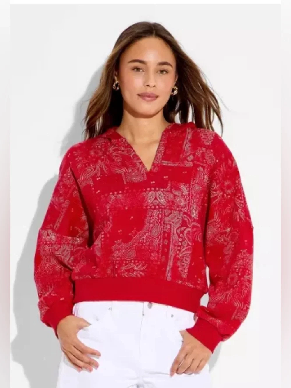 NWT Wild Fable - Women's Split Neck French Terry Pullover Sweatshirt Red Large - Picture 2 of 6